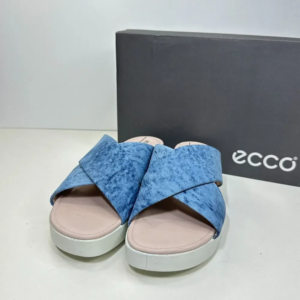 Ecco Touch Plateau Slide Leather Slip On Sandals Blue Women EU41/10-10.5 NWB